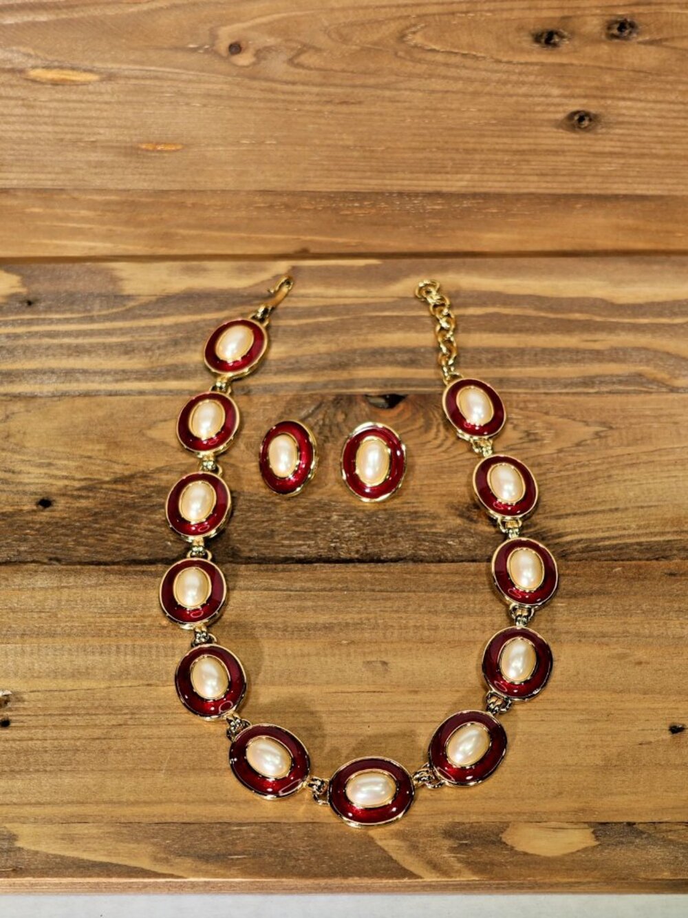 Vintage MONET Couture Faux PEARL CABOCHONS Red Enamel Necklace Earrings Set